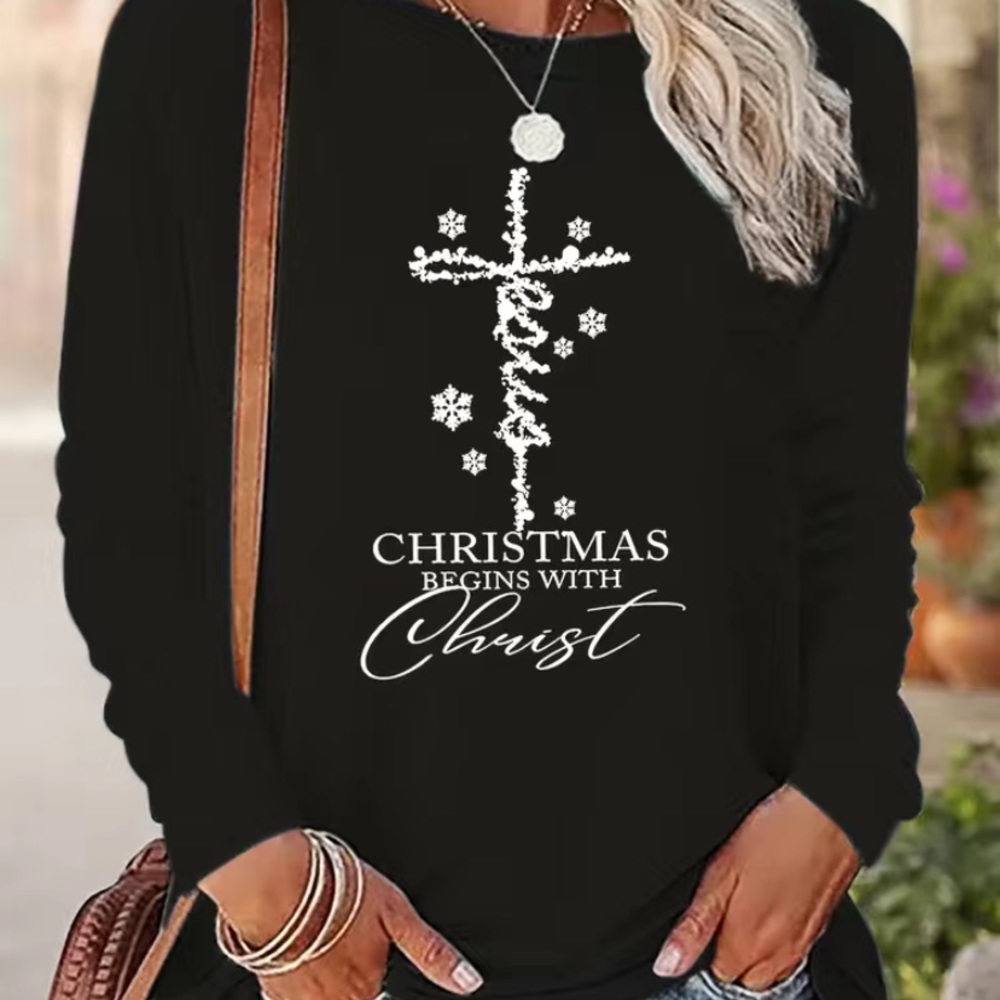 Christian Catholic Christmas begins with Christ LS white shirt women Large New